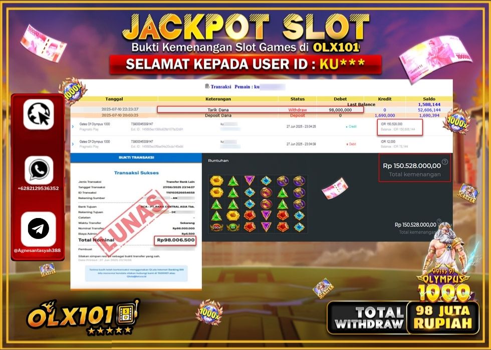 OLX101 JACKPOT SLOT GATES OF OLYMPUSS 1000 Rp.98.000.000.,- LUNAS