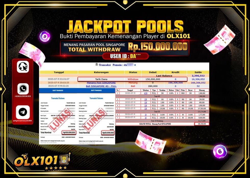 OLX101 JACKPOT TOGEL POOL SINGAPORE Rp.150.000.000.,- LUNAS