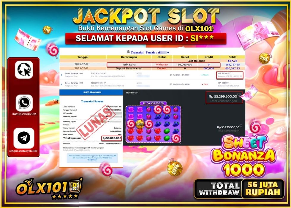 OLX101 JACKPOT SLOT SWEET BONANZA 1000 Rp.56.000.000.,- LUNAS