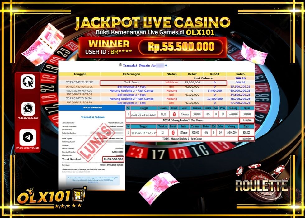 OLX101 JACKPOT LIVE GAMES ROULETTE 2 GAMES Rp.55.500.000.,- LUNAS