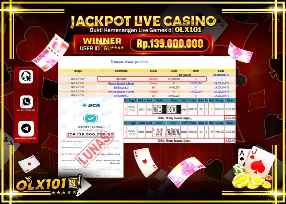 OLX101 JACKPOT LIVE GAMES BACCARAT 3 GAMES Rp.139.000.000.,- LUNAS