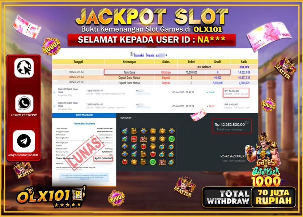 OLX101 JACKPOT SLOT GATES OF GATOT KACA 1000 Rp.70.000.000.,- LUNAS