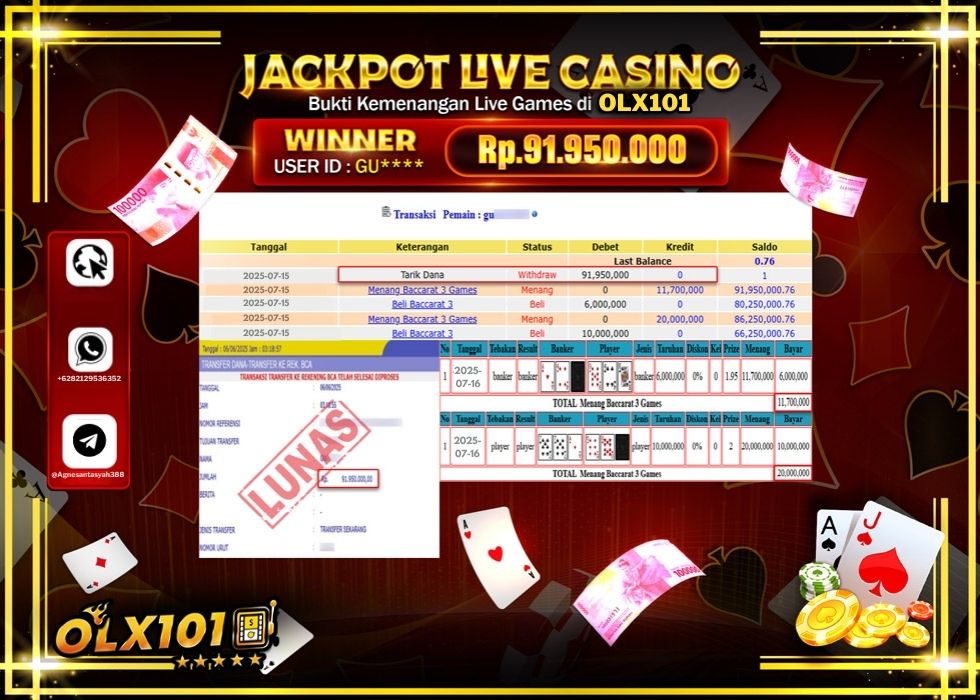 OLX101 JACKPOT LIVE GAMES BACCARAT 3 GAMES Rp.91.950.000.,- LUNAS