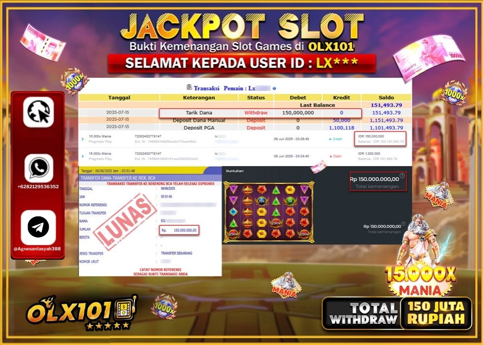 OLX101 JACKPOT SLOT 15000x MANIA Rp.150.000.000.,- LUNAS