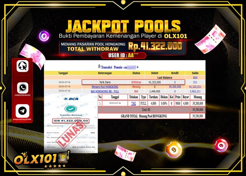 OLX101 JACKPOT TOGEL PASARAN POOL HONGKONG Rp.41.322.000.,- LUNAS