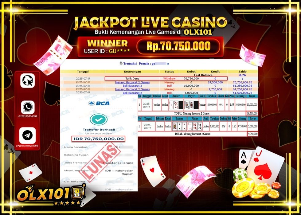OLX101 JACKPOT LIVE GAMES BACCARAT 2 GAMES Rp.70.750.000.,- LUNAS