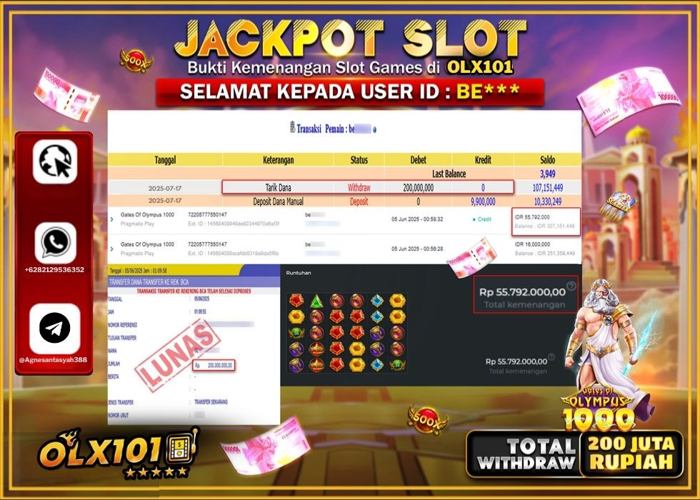 OLX101 JACKPOT SLOT GATES OF OLYMPUS 1000 Rp.200.000.000.,- LUNAS