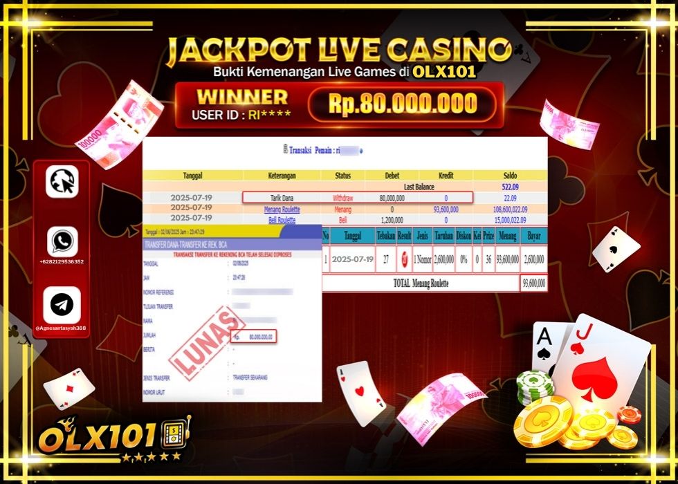 OLX101 JACKPOT LIVE GAMES ROULETTE GAMES Rp.80.000.000.,- LUNAS