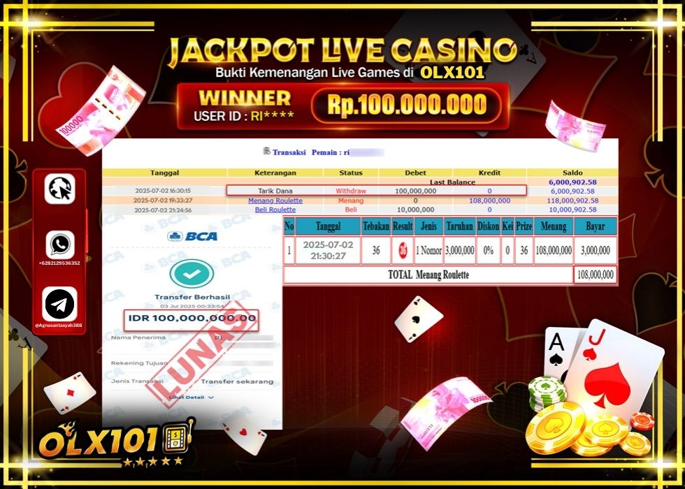 OLX101 JACKPOT LIVE GAMES ROULETTE Rp.100.000.000.,- LUNAS