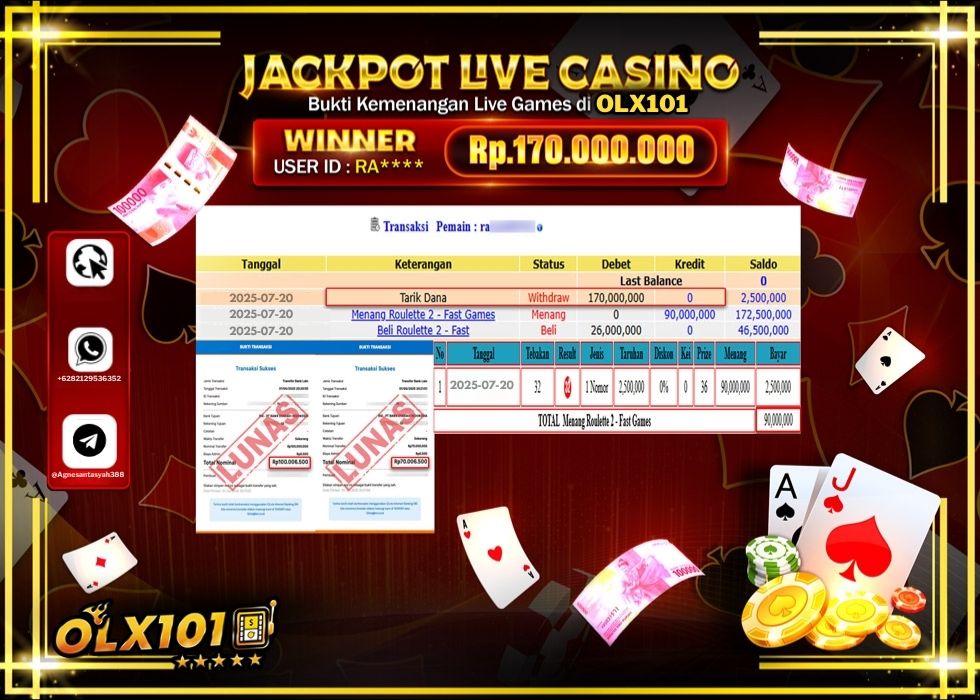 OLX101 JACKPOT LIVE GAMES ROULETTE 2 -FAST GAMES Rp.170.000.000.,- LUNAS