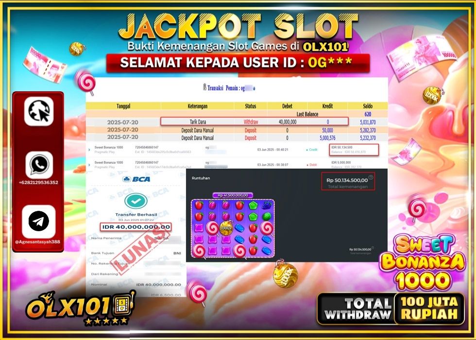 OLX101 JACKPOT SLOT SWEET BONANZA 1000 Rp.40.000.000.,- LUNAS