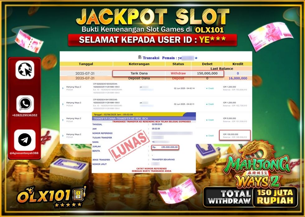 OLX101 JACKPOT SLOT MAHJONG WAYS 2 Rp.150.000.000.,- LUNAS