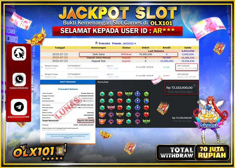 OLX101 JACKPOT SLOT STARLIGHT PRINCESS Rp.70.695.000.,- LUNAS