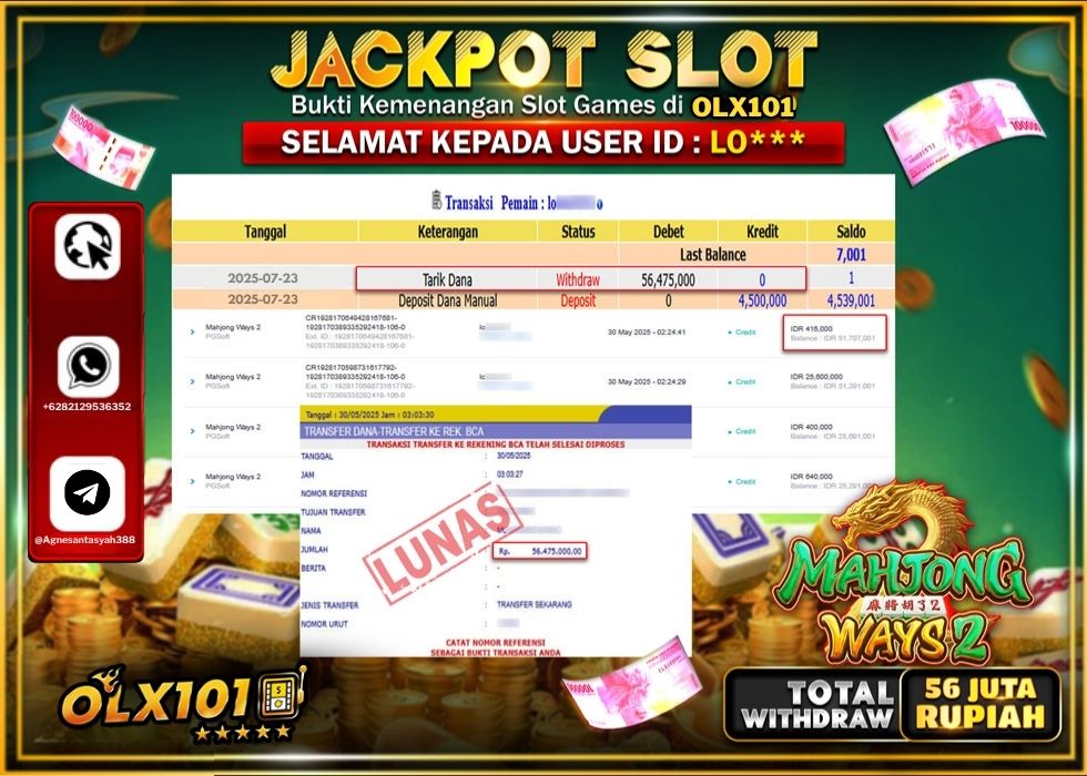 OLX101 JACKPOT SLOT MAHJONG WAYS 2 Rp.56.475.000.,- LUNAS