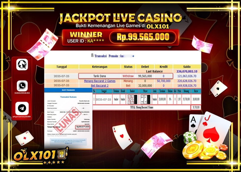 OLX101 JACKPOT LIVE GAMES BACCARAT 2 GAME Rp.99.565.000.,- LUNAS