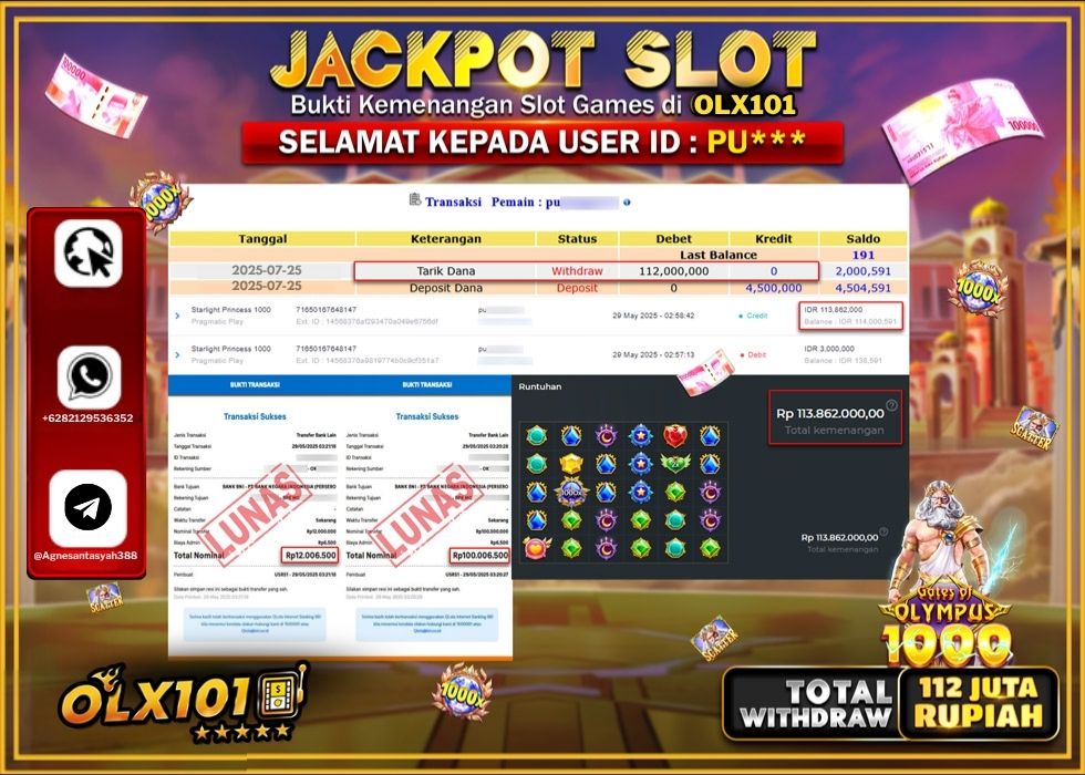 OLX101 JACKPOT SLOT PRAMATIC GATES OF OLYMPUS 1000 Rp.112.000.000.,- LUNAS