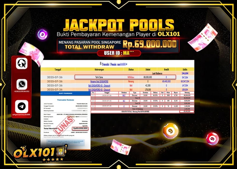 OLX101 JACKPOT TOGEL PASARAN POOL SINGAPORE Rp.69.000.000.,- LUNAS