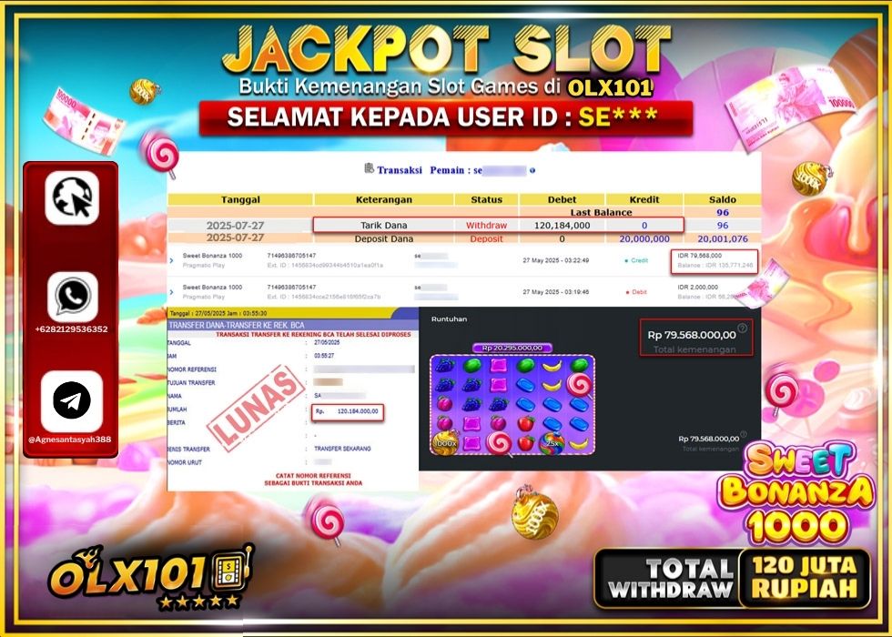 OLX101 JACKPOT SLOT PRAMATIC BONANZA 1000 Rp.120.184.000.,- LUNAS