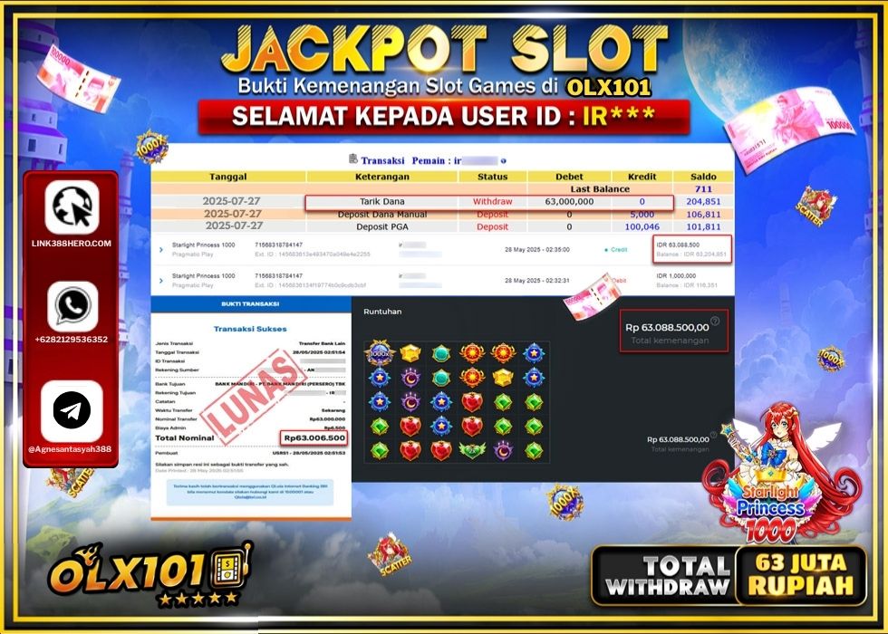 OLX101 JACKPOT SLOT PRAMATIC STARLIGHT PRINCES 1000 Rp.63.000.000.,- LUNAS