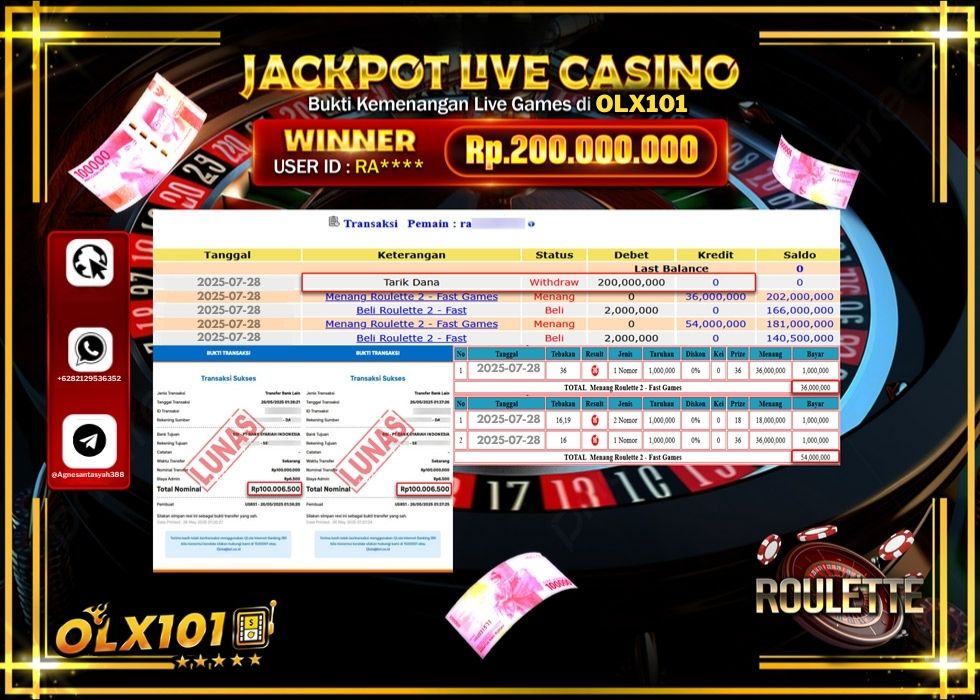 OLX101 JACKPOT LIVE GAMES ROULETTE Rp.200.000.000.,- LUNAS