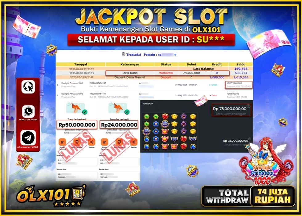 OLX101 JACKPOT SLOT STARLIGHT PRINCESS 1000 Rp.74.000.000.,- LUNAS