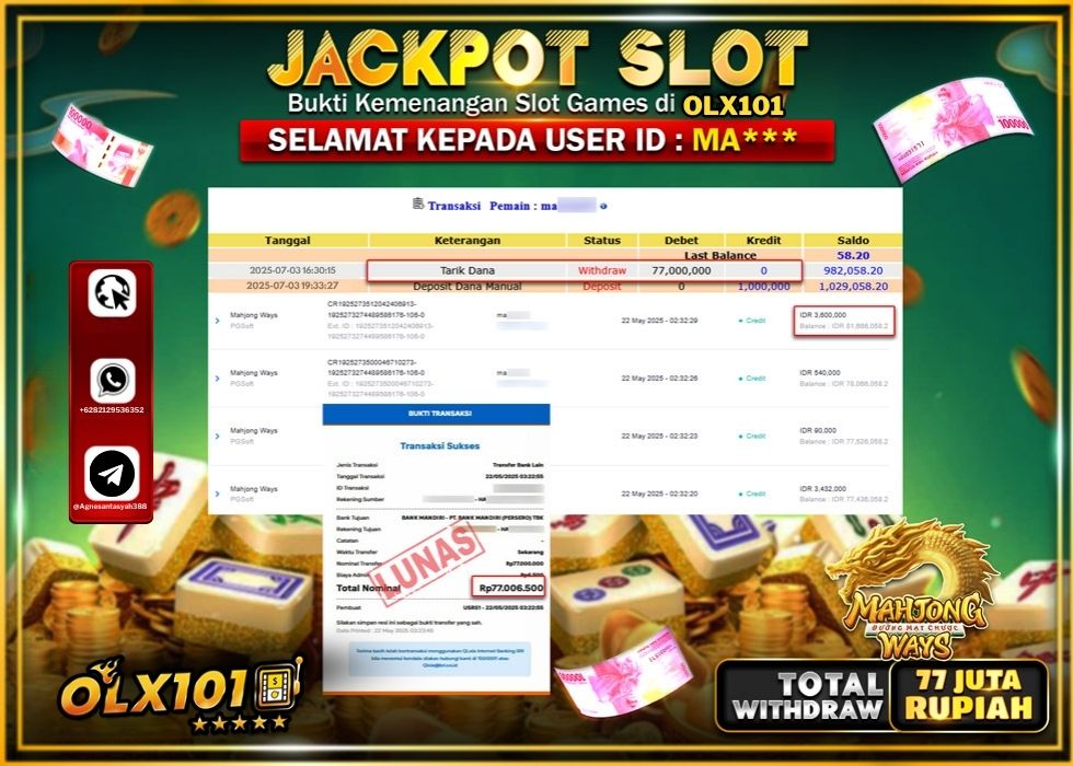 OLX101 JACKPOT SLOT MAHJONG WAYS Rp.77.000.000.,- LUNAS