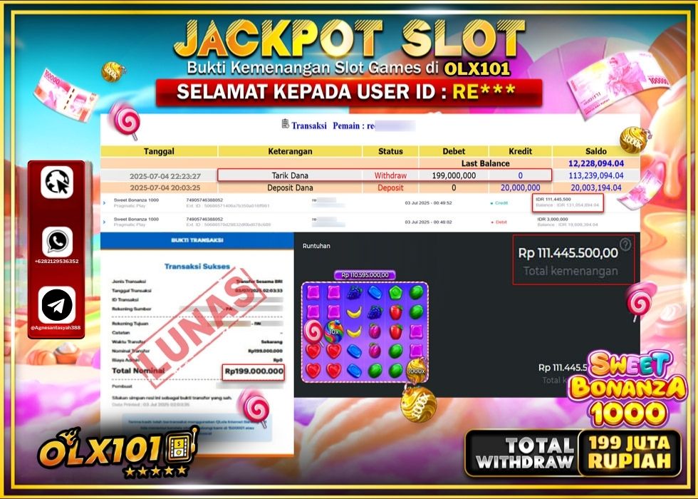OLX101 JACKPOT SLOT SWEET BONANZA 1000 Rp.199.000.000.,- LUNAS