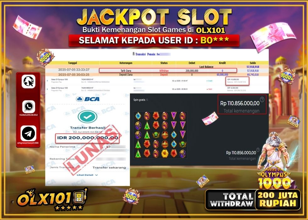 OLX101 JACKPOT SLOT GATES OF OLYMPUSS 1000 Rp.200.000.000.,- LUNAS