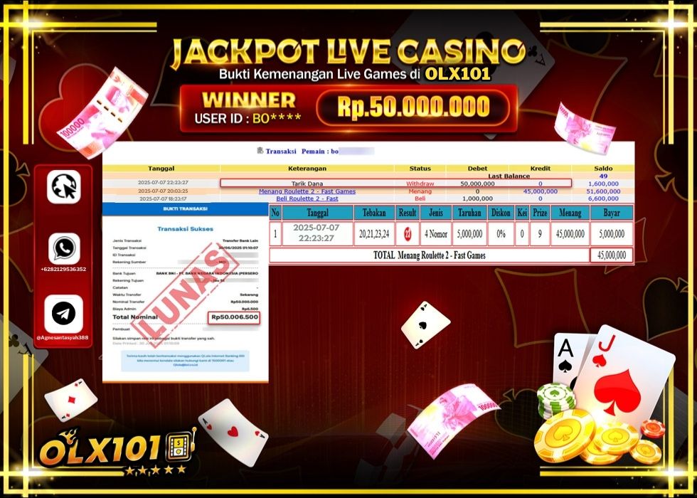 OLX101 JACKPOT LIVE GAMES ROULETTE 2 - FAST GAMES Rp.50.000.000.,- LUNAS