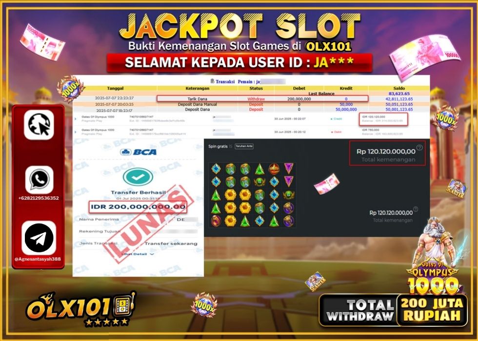 OLX101 JACKPOT SLOT GATES OF OLYMPUSS 1000 Rp.200.000.000.,- LUNAS