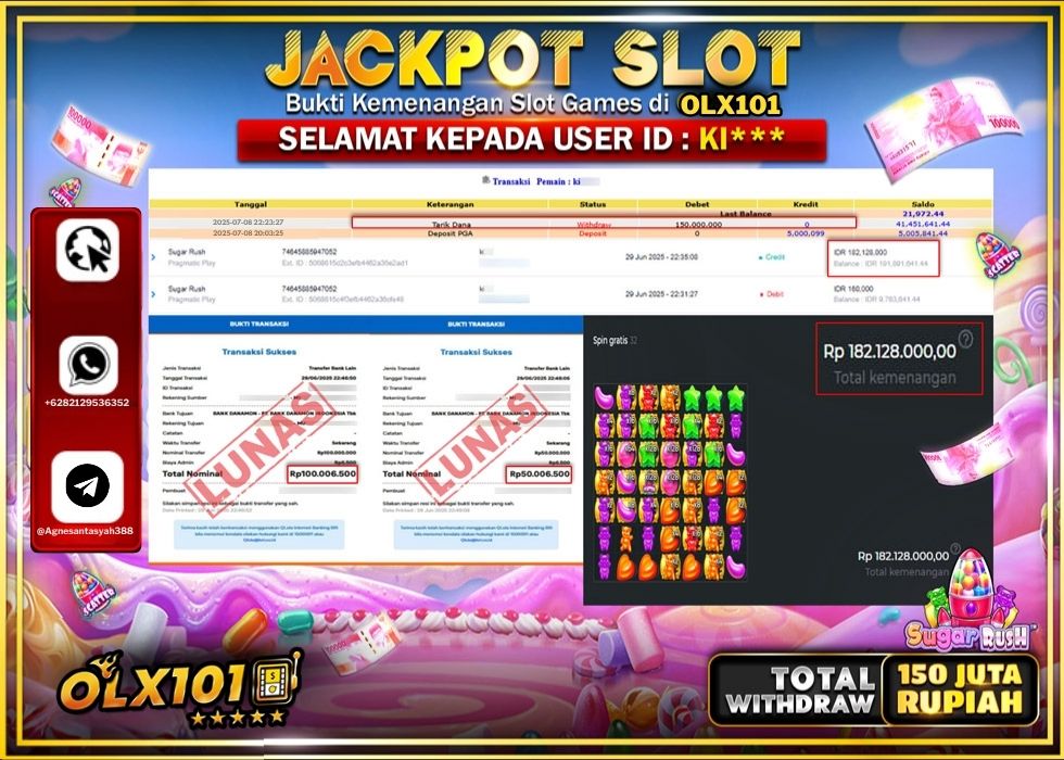 OLX101 JACKPOT SLOT SUGAR RUSH Rp.150.000.000.,- LUNAS